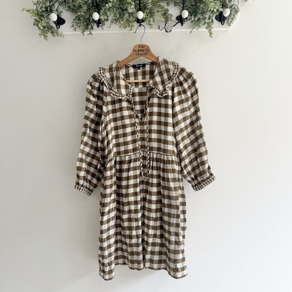 Madewell Brown Gingham Collared Puff-Sleeve Mini Dress Small bb6038